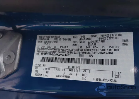 2019 Ford Escape Se from USA, damaged, VIN 1FMCU9GD5KUA04471